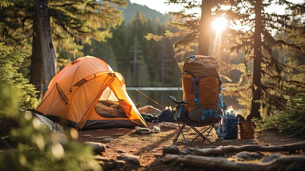 A Campsite Set Up in a SunDrenched Forest Clearing