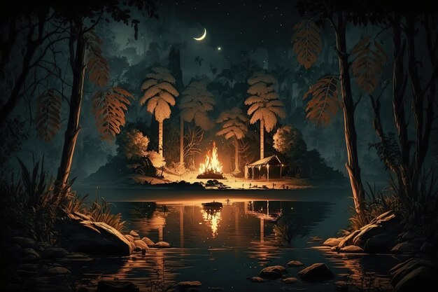 Campsite with bonfire in jungle at night Ai Dark rainforest landscape with lake or river