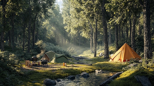 a campsite with a camp site and a river with trees in the background