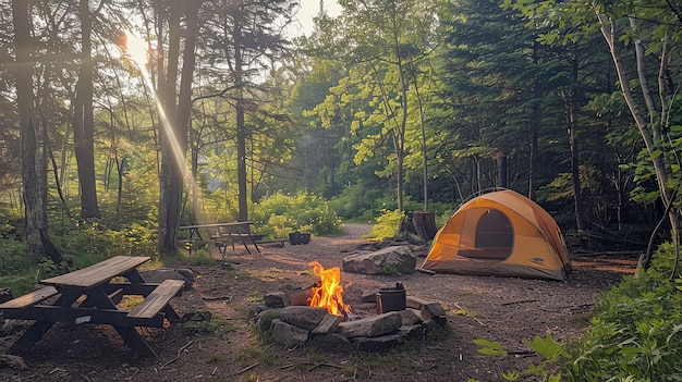 Campsite with a Campfire Tent and Picnic Tables in a Forest