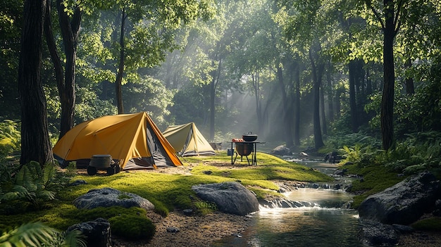 a campsite with a stream running through it and a camper in the background