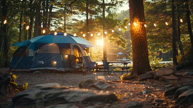 Campsite with Tent String Lights and a Picnic Table in a Wooded Area at Sunset