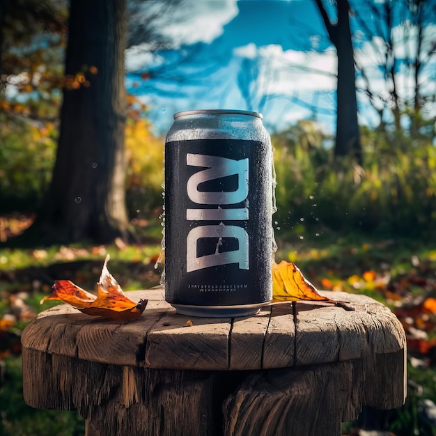 Photo a can of beer sits on a stump in the woods