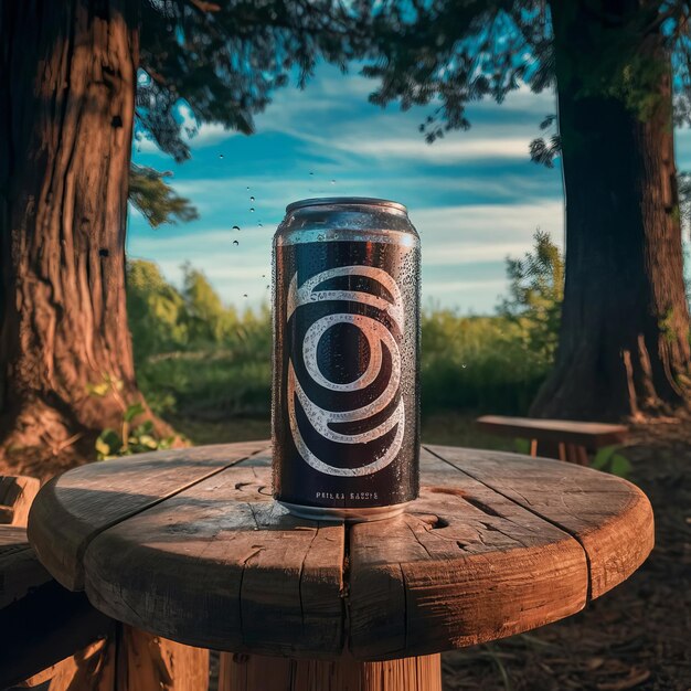 Photo a can of beer on a table with the word quot can quot on it