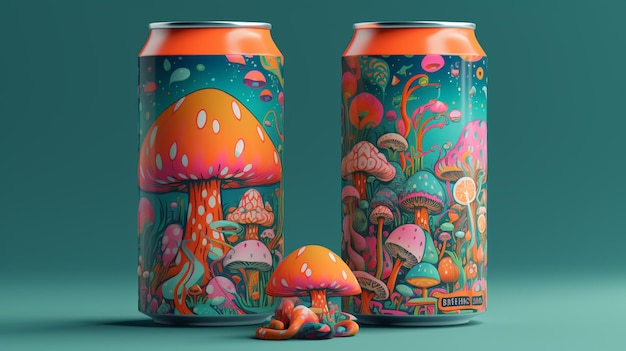 A can of beer with a mushroom on the top.