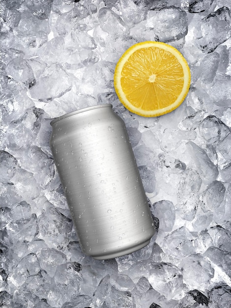 Photo can of cold beverage ice cubea and pieces of juicy limesummer refreshing drink