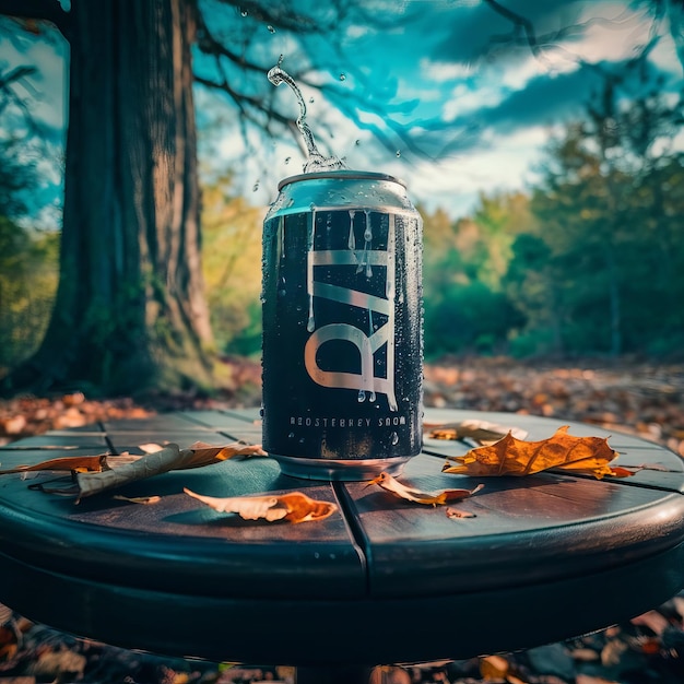 Photo a can of diet coke sits on a table in the woods