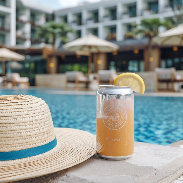 Photo a can of drink and a straw hat near the pool at a resort relaxing summer holiday by the pool