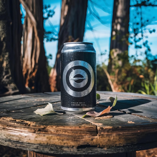 Photo a can of eger sits on a wooden table with a letter e on it