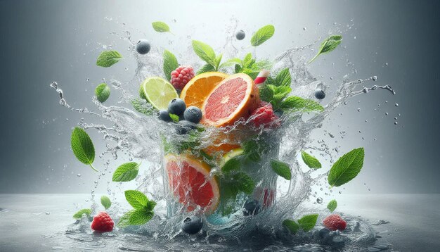 a can of fruit splashing into a container of water