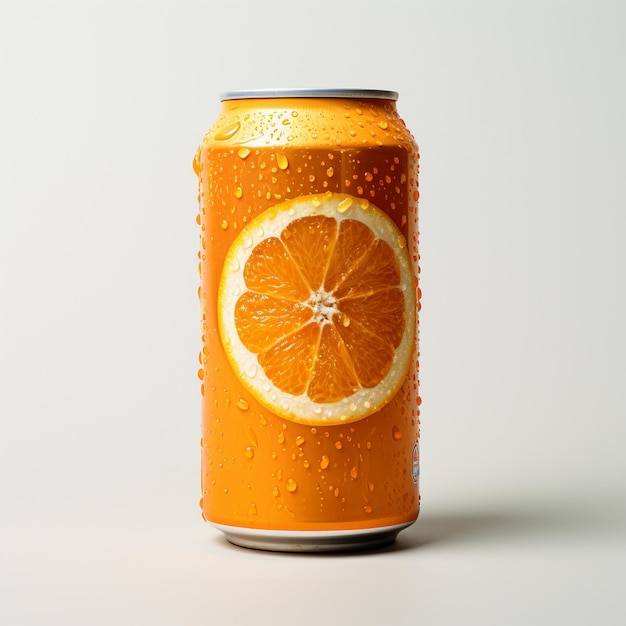 a can of orange soda with a lemon on it