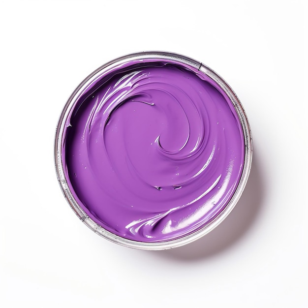 Can of purple paint isolated on white background View from above An open tin can