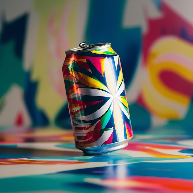 a can of rainbow colored paint sits on a table