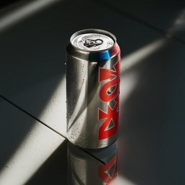 a can of red bull sits on a white surface