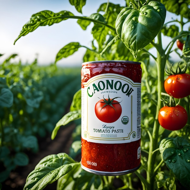 Photo a can of red tomato sauce is hanging on a tomato plant