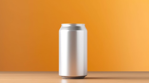 A can of soda sits on a table in front of an orange background.