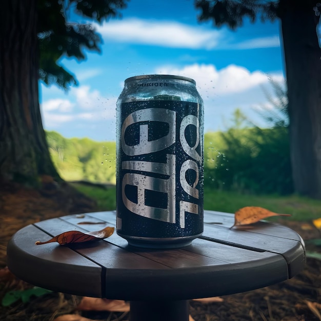 Photo a can of soda sits on a table in the woods