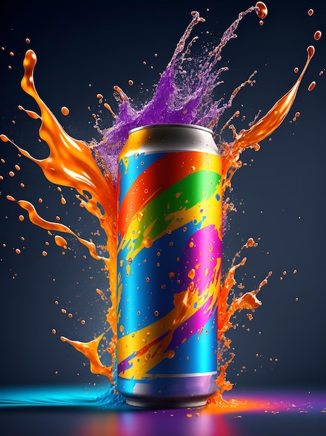 A can of soda with a rainbow colored liquid in the bottom.