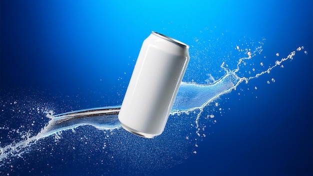 a can of white soda is being poured into a blue background