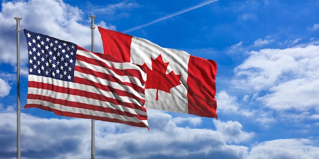 Canada and America waving flags on blue sky 3d illustration