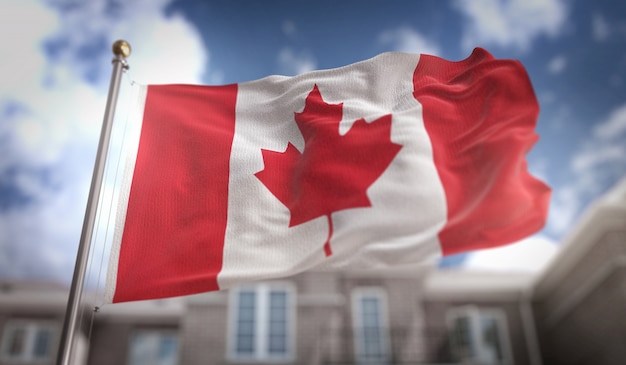 Canada Flag 3D Rendering on Blue Sky Building Background 