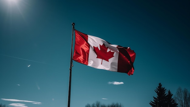 Canada flag in clear blue sky Generative ai