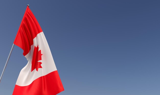 Canada flag on flagpole on blue background Place for text The flag is unfurling in wind Canadian Ottawa Maple leaf 3D illustration