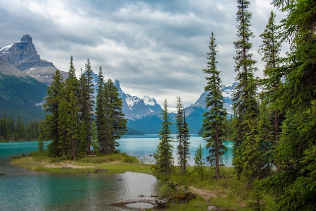 Canada forest landscape of Spirit Island with big mountain in the background, Alberta, Canada.