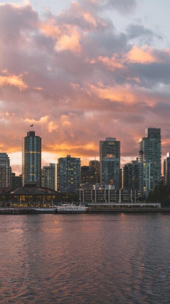 Canada place and city building skyline at cloudy sunrise downtown vancouver