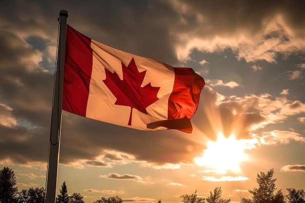 A canadian flag flies in front of a sunset.