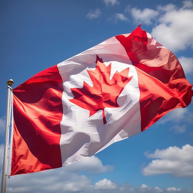 A Canadian flag fluttering in the breeze its colors radiating in the sky Ai Generated