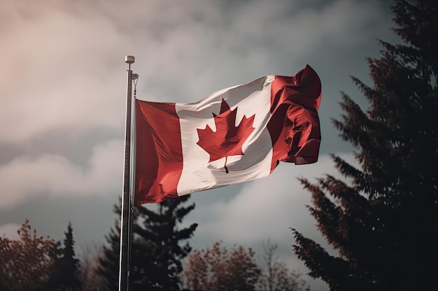 Canadian flag flying on a flag pole against a blue sky AI generative