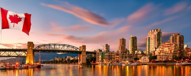 Canadian flag in front of view in Vancouver Downtown British Columbia Canada