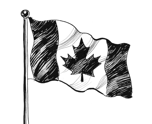 Canadian flag. Ink black and white drawing