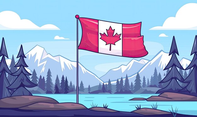 Photo a canadian flag waving in a picturesque mountainous landscape