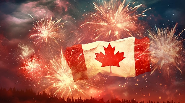 A canadian flag with fireworks in the background