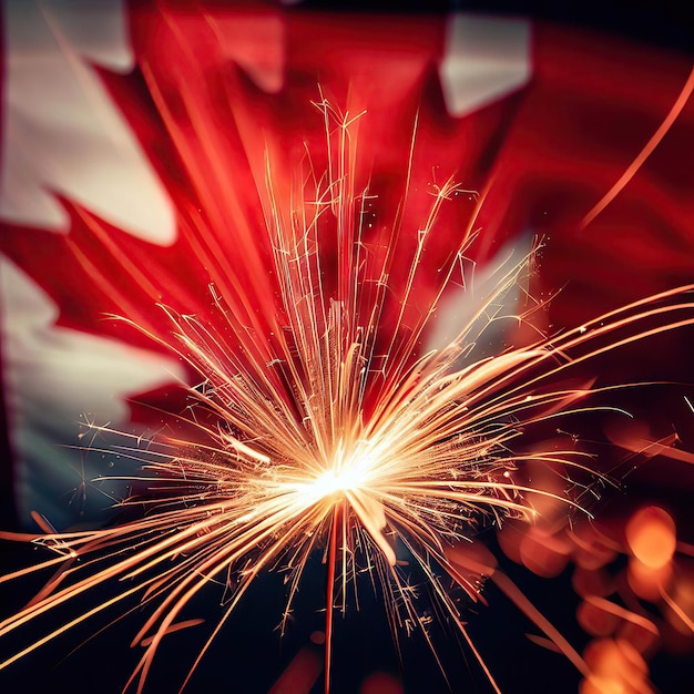 A canadian flag with fireworks in the background