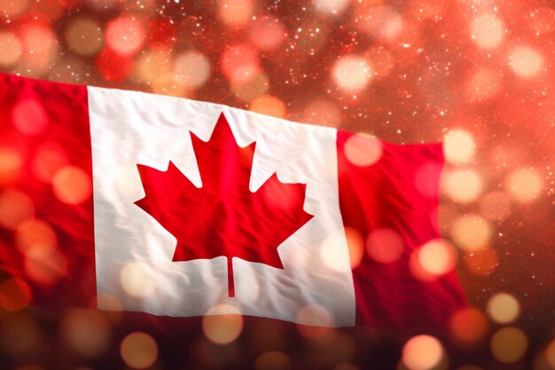 A canadian flag with a red and white flag in the background