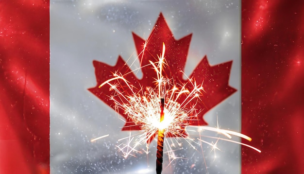 A canadian flag with a sparkler and a maple leaf on it