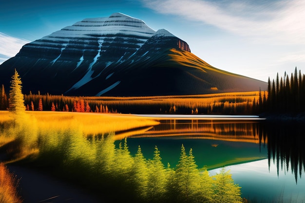 A canadian mountain landscape with a mountain in the background