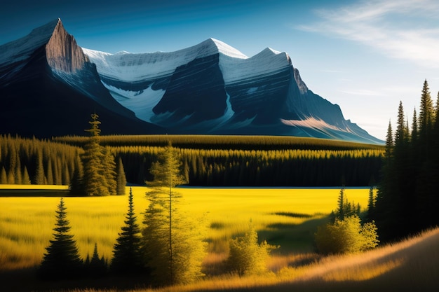 A canadian mountain landscape with a mountain in the background