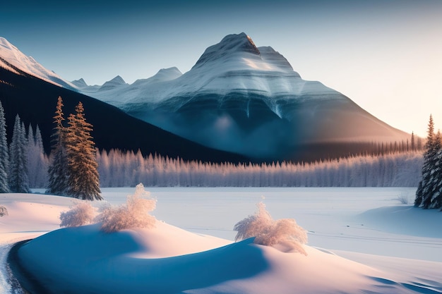 A Canadian snowy landscape with a mountain in the background