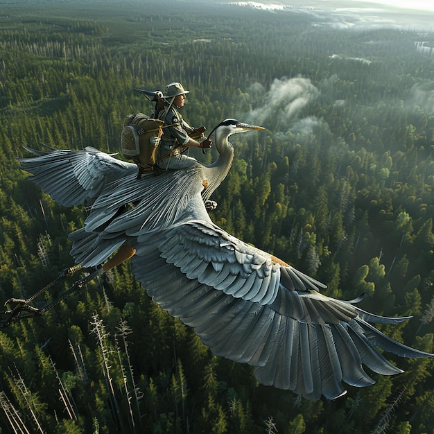 Canadian wildlife ranger riding an enormous great blue heron through the skies above canadian wilder