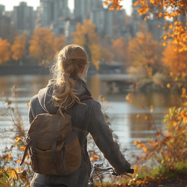 Photo canadian woman enjoying a leisurely bike ride along the seawall in vancouver canada