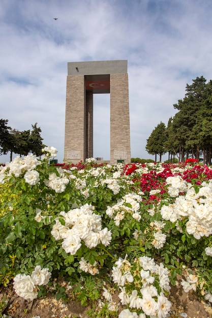 Canakkale / Turkey, May 26, 2019 / Canakkale Martyrs' Memorial against to Dardanelles Strait