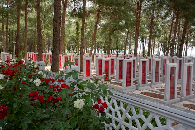 Canakkale, Turkey - May 26 2019: Canakkale Martyrs Memorial military cemetery is a war memorial commemorating the service of about Turkish soldiers who participated at the Battle of Gallipoli.