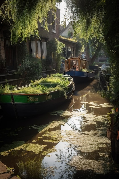 canal in netherlands with boats and trees Generative AI