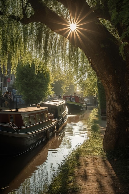 canal in netherlands with boats and trees Generative AI