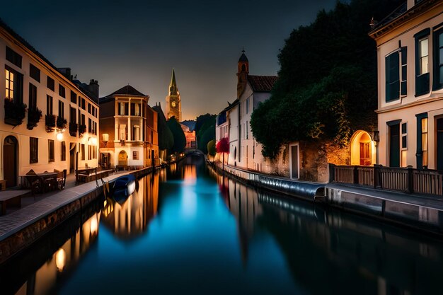 a canal at night with a boat on the water