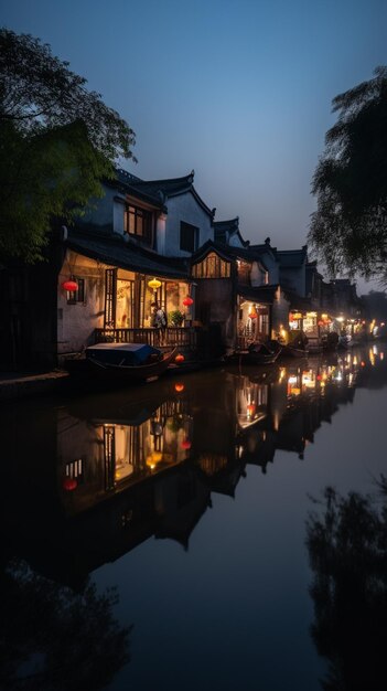 A canal scene with a row of houses and a street with lights that say'li'on it